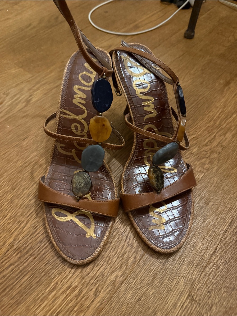 Sam Edelman Brown Leather Beaded T-Strap Sandals